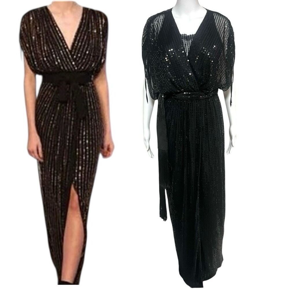 IPEKYOL by Ozgur Masur Black Full Sequin Fringe Sash Maxi Gown Sz 6 Covered Shou